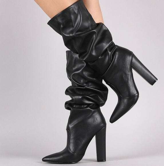 Hazel Slouchy Faux Leather Chunky Heel Boots - Picture 3 of 6